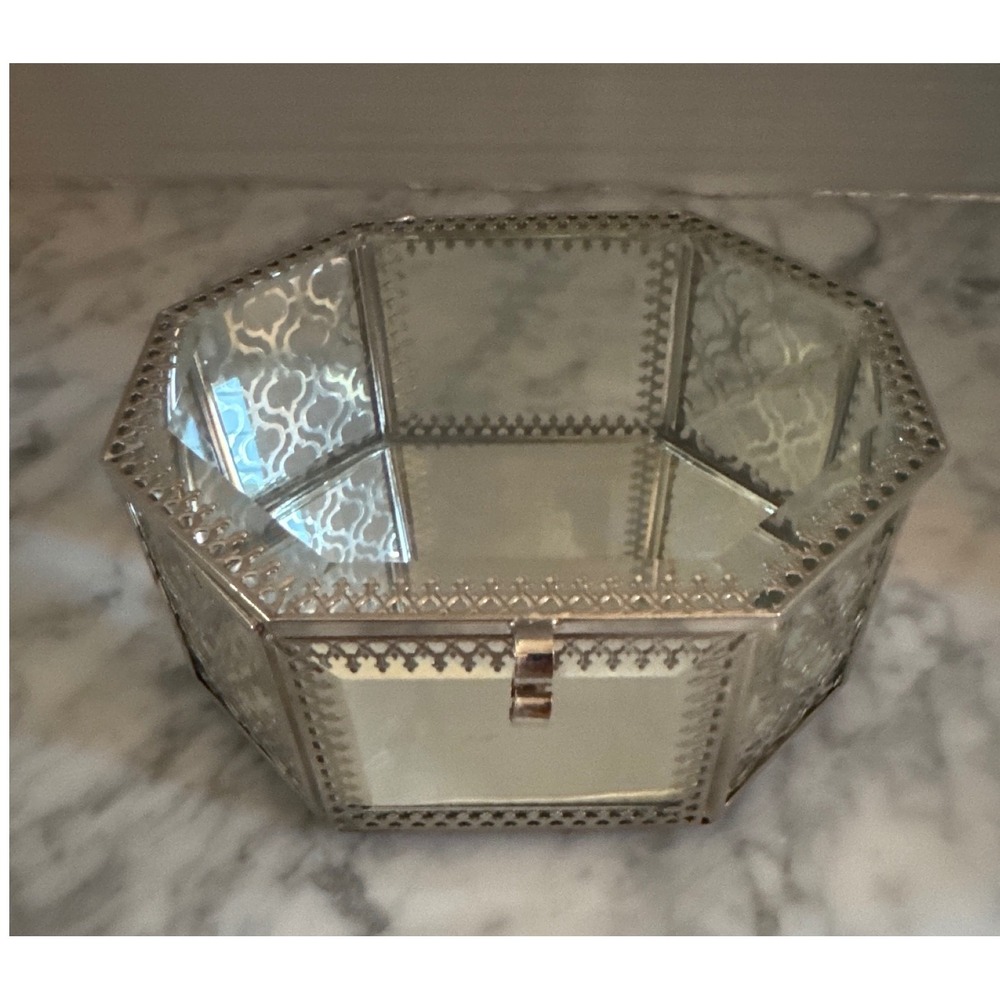 Rachel Ashwell Shabby Chic Silver Filigree Mirrored Octagon Glass Jewelry Box